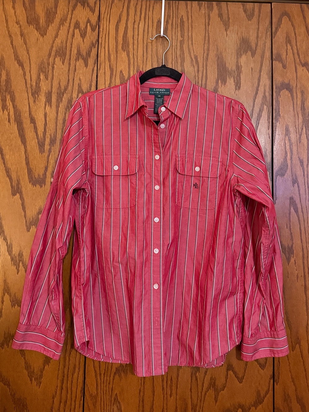 Lauren Ralph Lauren Red Stripe Button Front Shirt 100% Cotton Size M